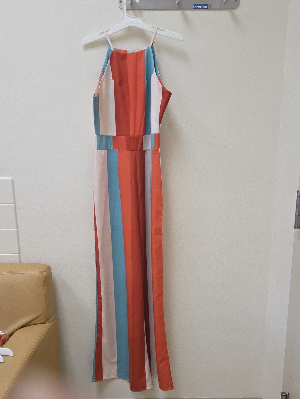 Sleeveless Striped Wide-Leg Jumpsuit in Coral, Teal & Cream